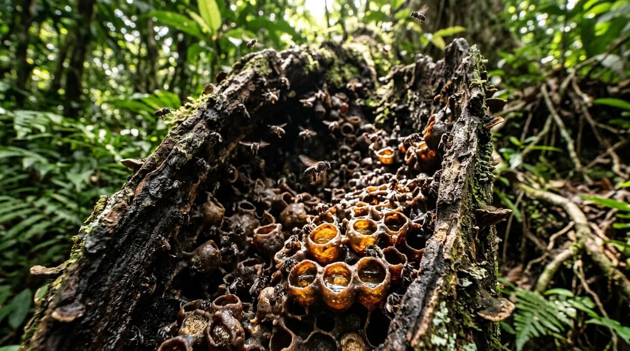 原始熱帶雨林樹洞與天然無針蜂蜂蜜巢